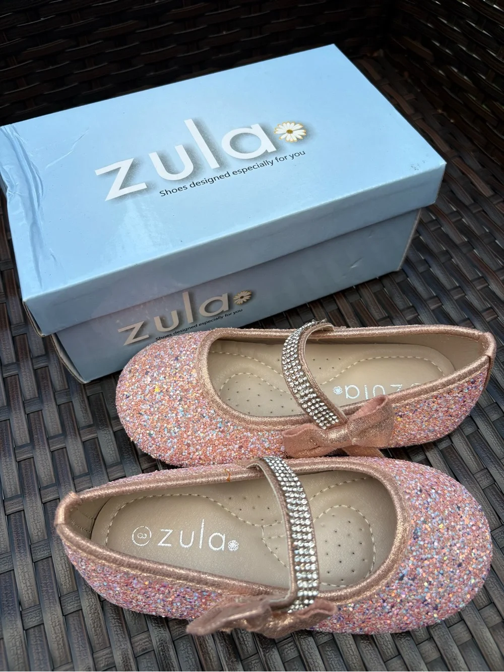 Girls Sparkle Pink Dress Shoes with Bow and Rhinestone Strap